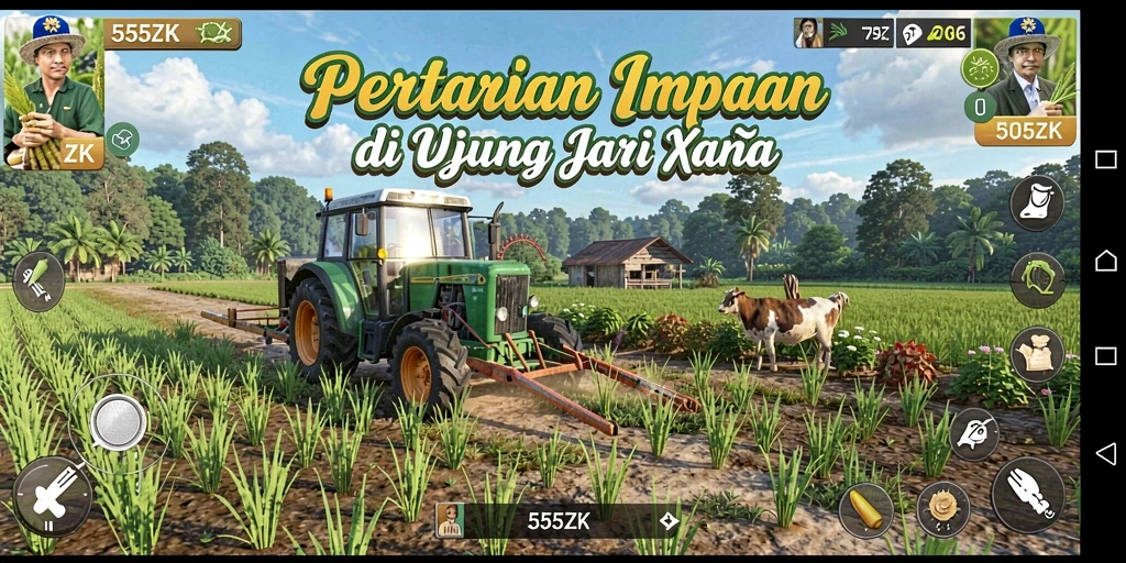 Tangkapan layar gameplay 555ZK yang menunjukkan keindahan pertanian.