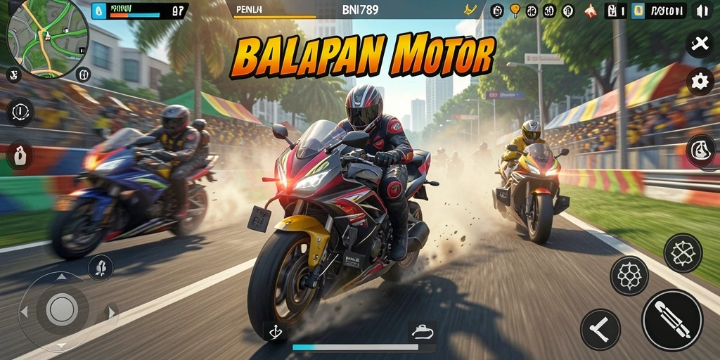 Screenshot BNI789 menampilkan aksi balap motor yang mendebarkan.