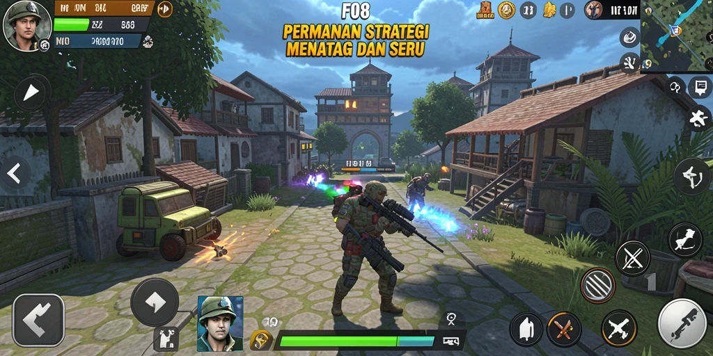 Screenshot utama F08 menampilkan aksi pertempuran strategi yang intens.