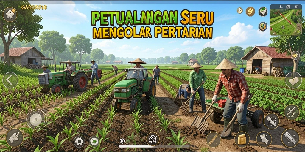 Screenshot permainan GACOR518 menunjukkan aktivitas pertanian yang seru.