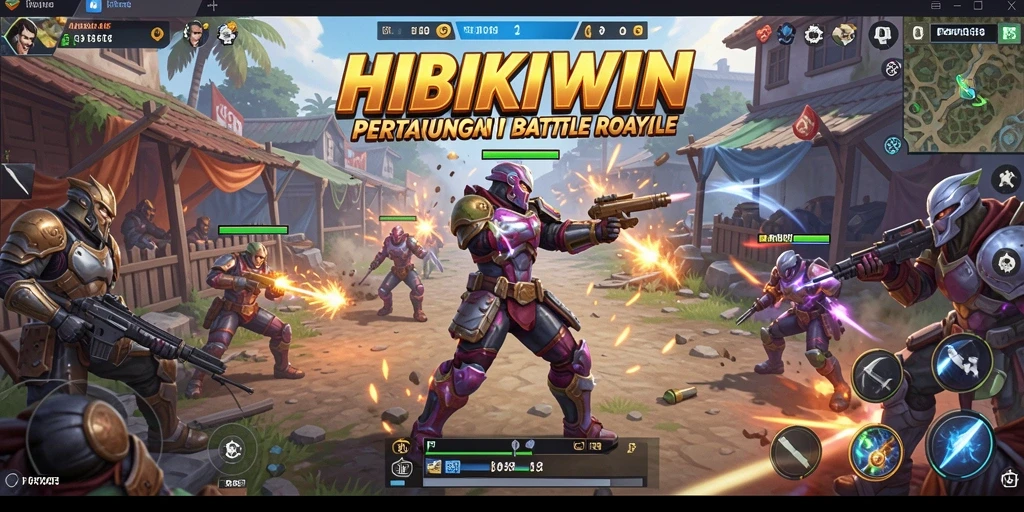 Screenshot gameplay HIBIKIWIN yang penuh aksi dalam pertempuran Battle Royale.