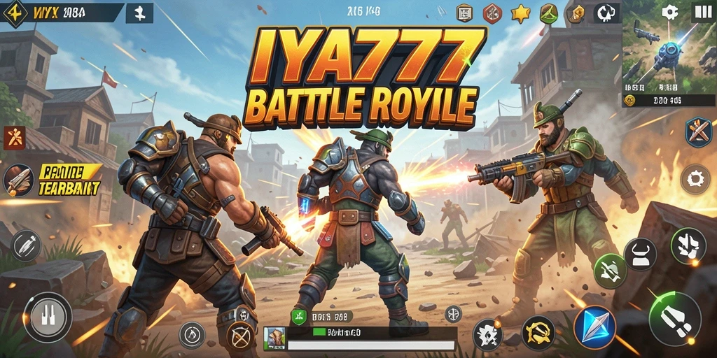 Screenshot utama gameplay IYA777 menampilkan aksi Battle Royale yang mendebarkan.