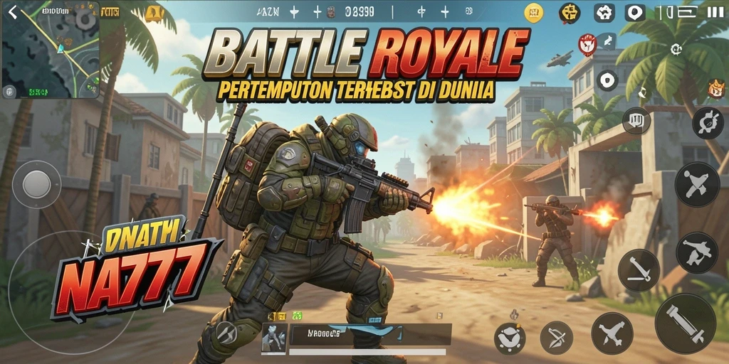 Screenshot gameplay NA777 menampilkan pertempuran epik di medan perang Battle Royale.