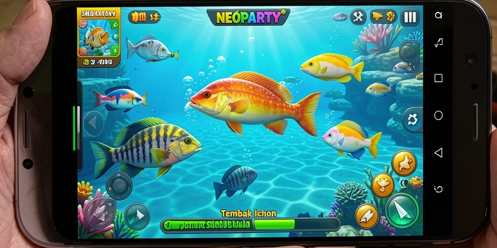 Tampilan menarik dari gameplay NEOPARTY dengan aksi menembak ikan.
