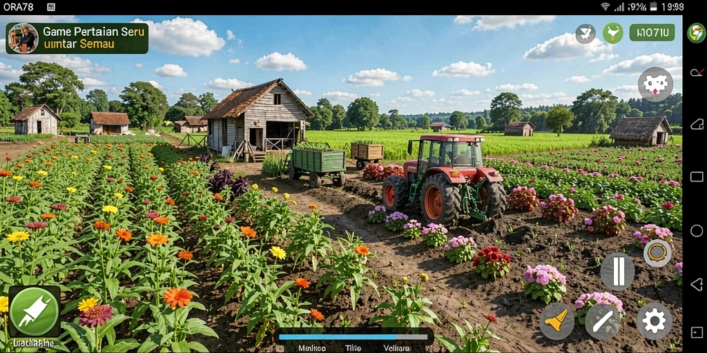 Screenshot gameplay ORA78 menampilkan pertanian yang indah dan interaksi antar petani.