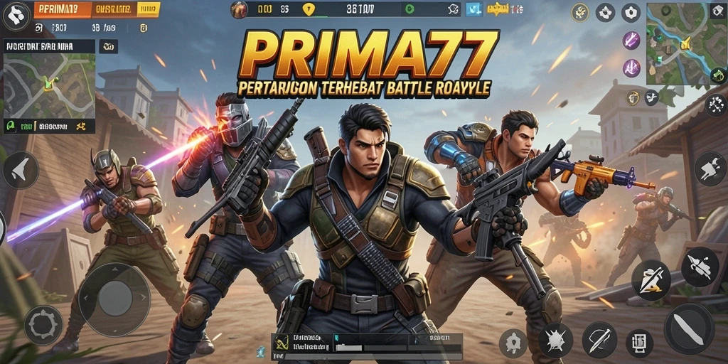 Tampilan action gameplay PRIMA77 yang mendebarkan dalam dunia Battle Royale.