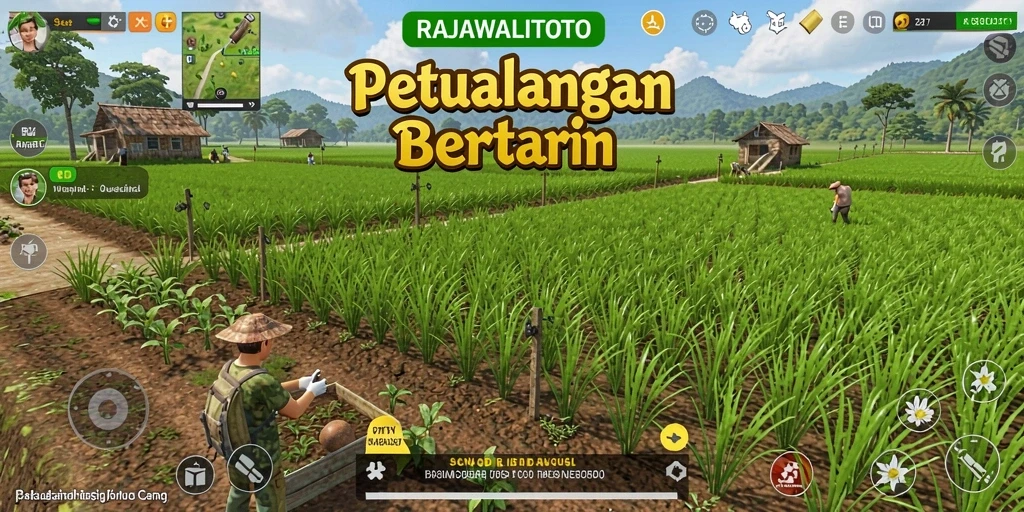 Screenshot gameplay RAJAWALITOTO menampilkan ladang yang subur dan aktivitas bertani.