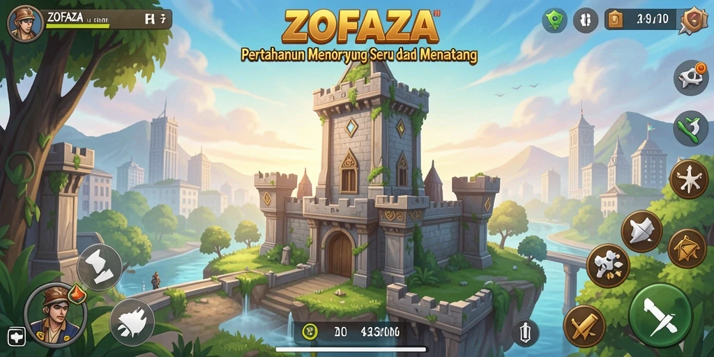 Gameplay ZOFAZA menampilkan pertahanan menara yang epik dan strategis.